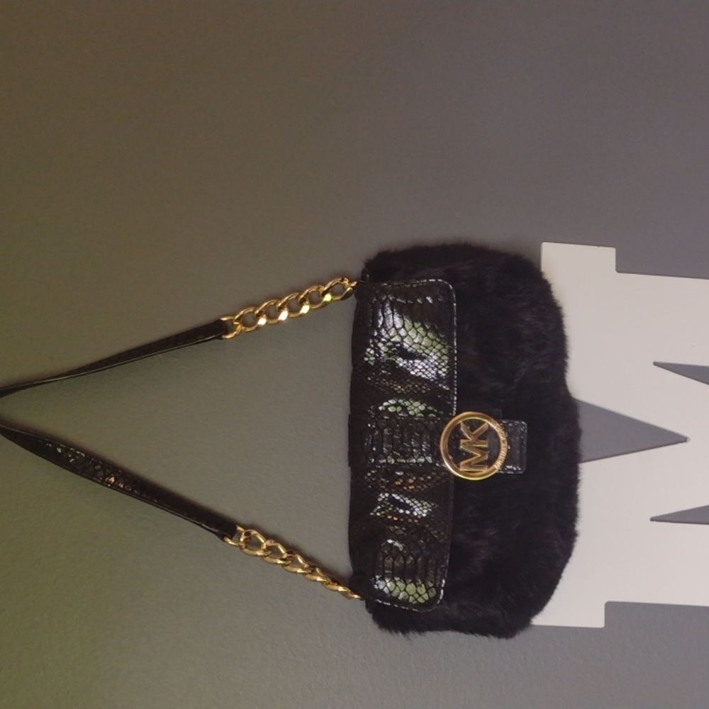 Michael Kors Fulton Black Rabbit...Fur+Python Leather Clutch Shoulder Bag
